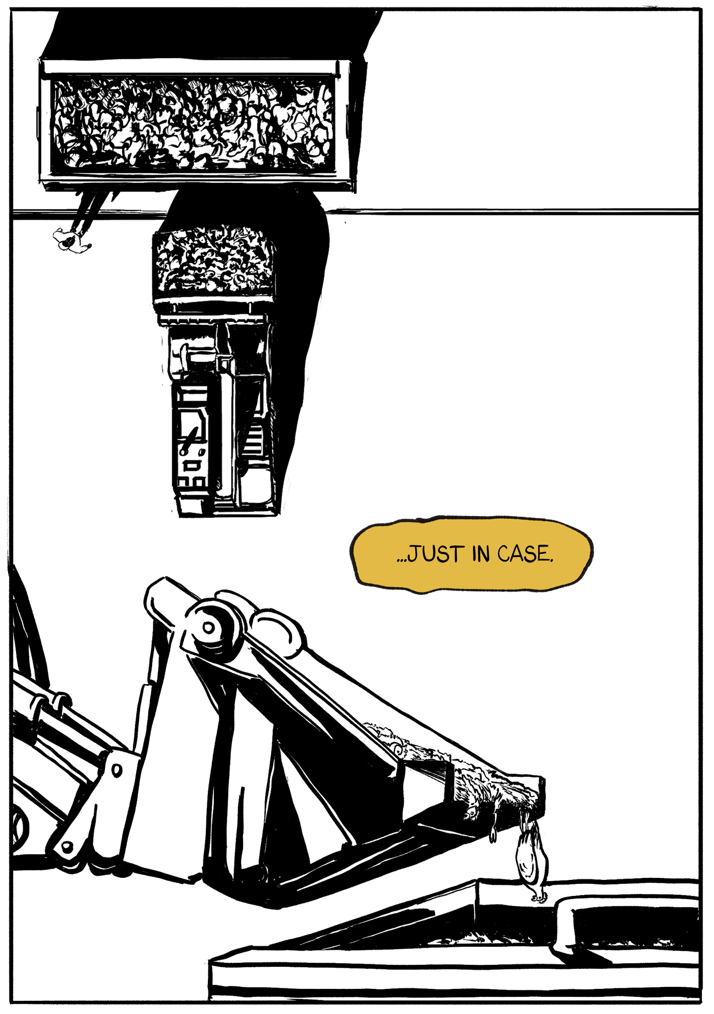 Final panel is broken down into two views and moments. First we see an excavator hauling a load to the dump. we don't know what the load is yet. Then below that we see the excavator from the side. it's dumping dead chikens into a huge dumpster full of dead chickens. a single bubble reads "... Just in case."  